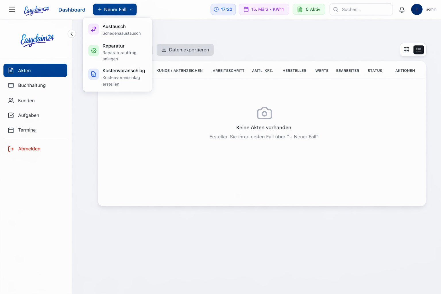 EasyClaim24 Dashboard - Digitale Schadenabwicklung Software